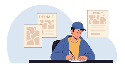 Young Man Fills Out Permit Application Forms in a Casual Setting