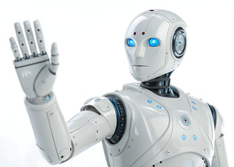 Naklejka premium A white humanoid robot with glowing blue eyes and an open hand against a white background in a studio shot