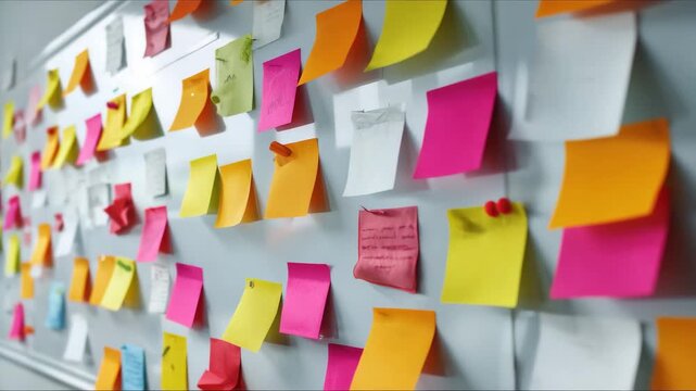 Colorful sticky notes fill a whiteboard in a collaborative workspace promoting brainstorming and idea generation