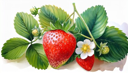 a vibrant watercolor illustration of strawberries and leaves showcasing ripe and unripe fruit