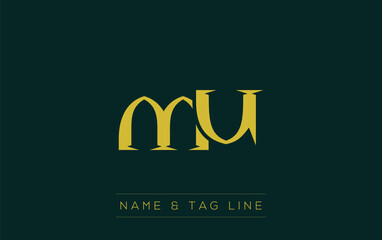 MU logo design. A sophisticated, minimalistic logo design featuring golden stylized typography,  perfect for branding concepts emphasizing luxury, professionalism, and contemporary aesthetics.