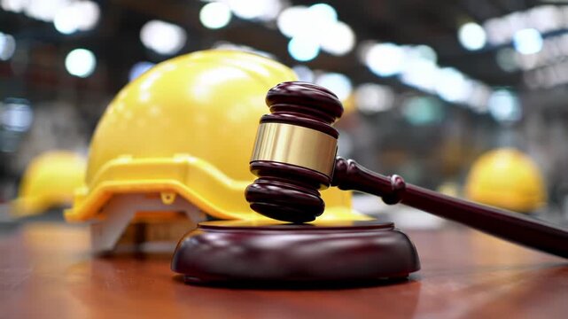Wooden Judge Gavel and Yellow Safety Hard Hat on Professional Table in Warehouse, Symbolizing Workers Rights, Legal Protection, and Construction Industry Justice