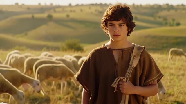 Young Shepherd David Holding Sling with Peaceful Sheep Flock Grazing in Golden Sunset, Biblical Old Testament Pastoral Scene