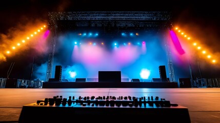 Lighting equipment illuminating empty stage at night with mixing console in foreground