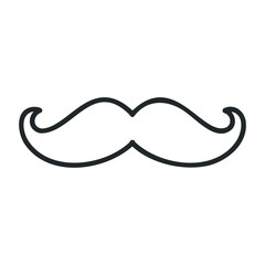 Curled vintage moustache icon in black and white line art style. Vector illustration