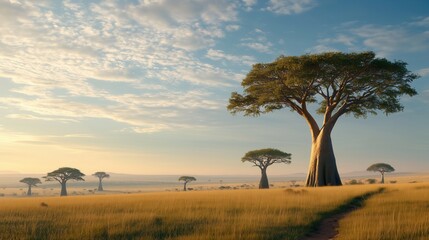 Obraz premium Savanna serenades sunlight amidst baobab sentinels, embracing vast African landscape in golden light