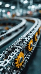 Detailed view of a conveyor belt system featuring gears and chains in an industrial setting