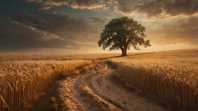 Serene sunset landscape; solitary tree in golden wheat field, dirt road leading to it, dramatic sky.