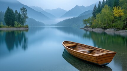 Wooden boat floating on a serene lake in the mountains
