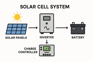 Solar cell system diagram featuring panels inverter battery and charge controller for basic renewable energy understanding and efficient power generation