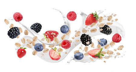 Oat flakes with fresh berries and milk splash flying on white background