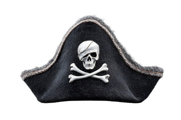 Classic Black Pirate Tricorn Hat with White Skull and Crossbones, Front View, Transparent PNG
