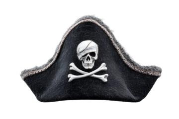 Classic Black Pirate Tricorn Hat with White Skull and Crossbones, Front View, Transparent PNG