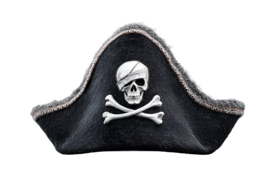 Classic Black Pirate Tricorn Hat with White Skull and Crossbones, Front View, Transparent PNG - Powered by Adobe