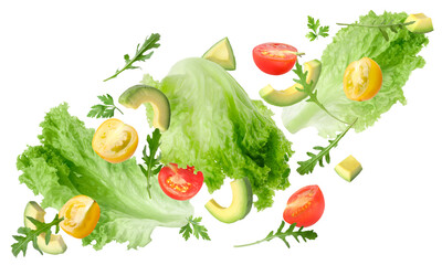 Fresh vegetables for salad flying against white background
