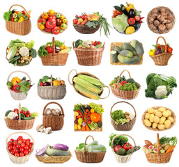 Many different fresh vegetables in wicker baskets isolated on white, set