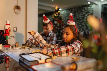 Latino children shaping holiday cookies in a cozy Christmas kitchen