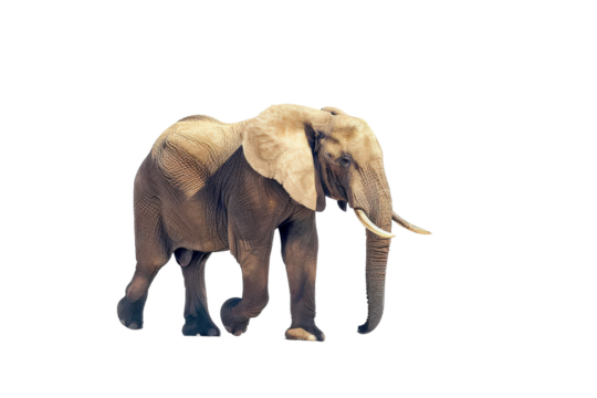 Elephant walking forward showing trunk and tusks on transparent background
