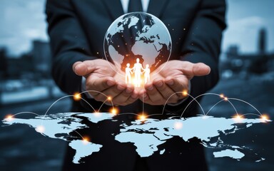 Conceptual image of a businessman managing a global team. Holographic globe with personnel icons symbolizes international business and HR.