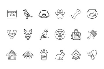 Collection line art icons representing pets pet care items animal