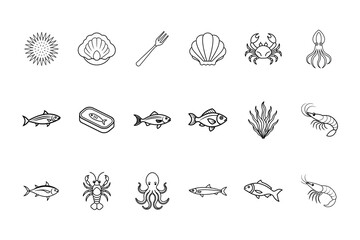 Collection line art icons seafood marine life ocean fish
