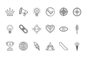 Collection outline icons representing concepts like leadership success ideas crown