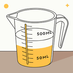 Measuring jug filled with liquid on neutral background  
