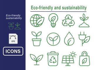 Eco-friendly and sustainability icon set, linear design, green theme, vector icons for environmental projects