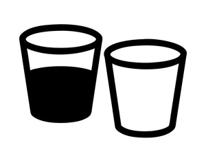 Icon of two drinking glasses, one half-full and one empty. A minimalist black and white vector.