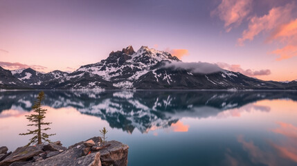 A high-altitude mountain lake reflecting a jagged, snow-dusted ridge under a pastel sky. The sun rises just beyond the peaks, casting a delicate peach glow on the clouds. The lake is so still that the