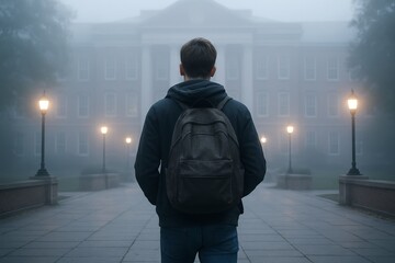Person walking on foggy campus pathway in the morning with backpack. concept of education, academic journey, tranquility