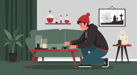 Young Man Prepares Halloween Decorations At Home With Spiders And Potions