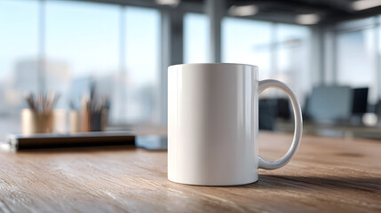 Office Desk Coffee Mug: A pristine white coffee mug sits gracefully on a polished wooden desk in a bright, modern office setting.