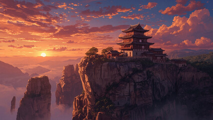a cliffside landscape at sunset, a traditional Asian-inspired building, anime-style illustration