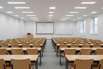 Modern university classroom with rows of wooden desks and digital screen in bright well-lit room. concept of education, learning environment, academic space