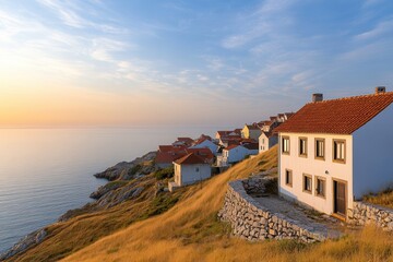 Golden light bathes charming coastal village nestled upon a hillside overlooking the adriatic sea