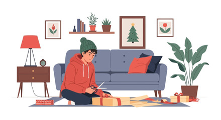 Young Man Wrapping Christmas Gifts on Living Room Floor Preparing for Holiday