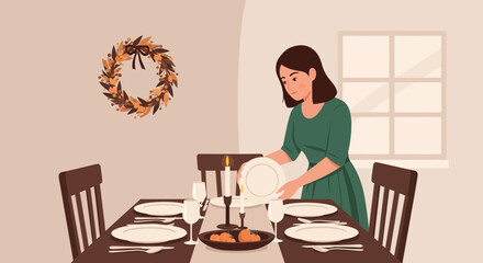 Woman Prepares Festive Dinner Table Setting for Thanksgiving Holiday at Home