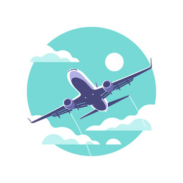 Airplane gaining altitude between clouds. Travel and vacation time. Vector illustration in a minimalistic style.