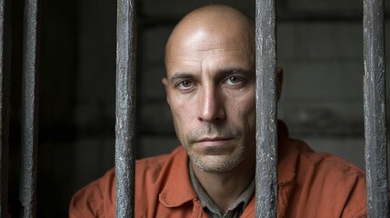 closeup portrait of a criminal in prison behind bars