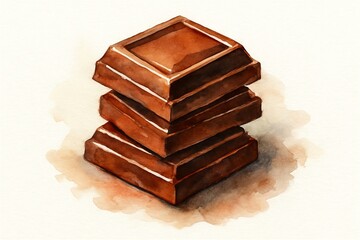 Watercolor illustration of chocolate delight featuring stacked chocolate blocks on a simple background. concept of dessert art, sweet temptation, culinary indulgence