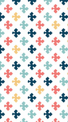 A vibrant geometric pattern featuring repeating diamond shapes in a kaleidoscope of warm and cool colors on a white background