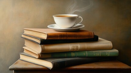 Quiet afternoon with teacup perched atop vintage books in soft, glimmering light