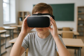Young boy exploring virtual reality technology in a classroom setting, demonstrating the concept of modern education, learning with vr, and technology in education.