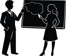Couple Brainstorming on Whiteboard Silhouette