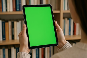 Woman holding tablet with green screen in front of bookshelf background for digital content mockup. Concept of online education, e-learning, screen replacement, Chroma key, copy space