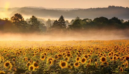 Obraz premium vibrant sunflower field under soft misty morning light in natural landscape