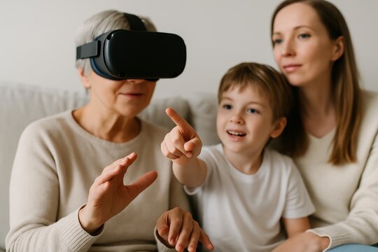 Elderly woman experiencing virtual reality with family including child for innovative technology and family bonding concepts