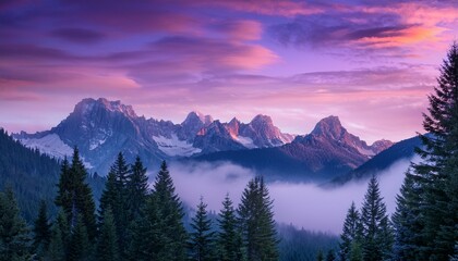 Obraz premium majestic jagged peaks rise above misty evergreen forest beneath a stunning lavender sky with softly drifting clouds overhead