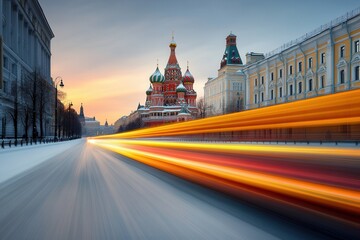 Fototapeta premium Golden streaks guide to Saint Basils Cathedral on a snowy Moscow evening